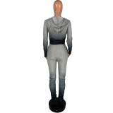 womens Sweatshirt Gradient Color Pleated Split Hoodie Sports Set ZH5268