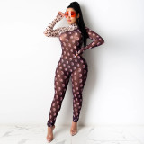 Sexy mesh printed sports yoga jumpsuit P072725W
