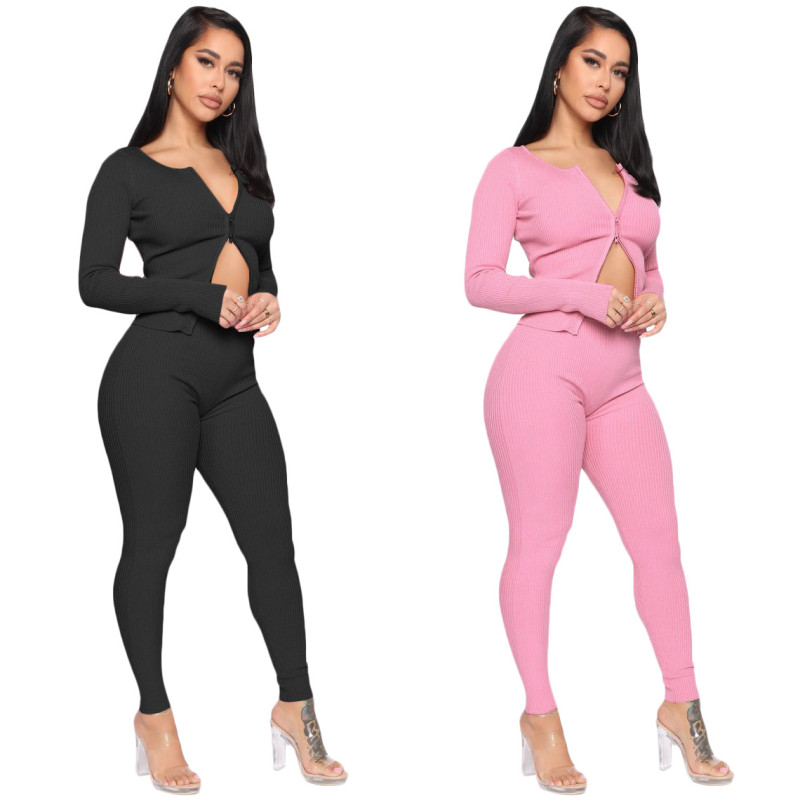 Casual zipper round neck slim-fit cropped trousers two-piece suit women SN3880
