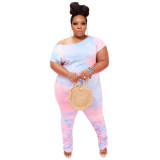 plus size Womens casual solid color round neck T-shirt trousers suit ONY5052