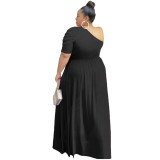 Plus size Womens nightclub sexy mesh slanted shoulder front short back long dress top GL6287
