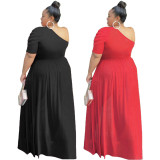Plus size Womens nightclub sexy mesh slanted shoulder front short back long dress top GL6287