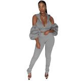 Smocked split puff sleeve open back hooded sports two-piece suit CM781