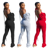 Womens pleated split pile sleeves sexy open back jumpsuit CM778