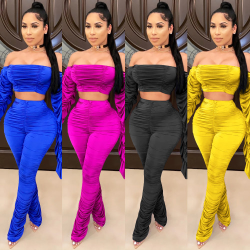 Casual Multicolor Pile Pants Flare Sleeve One Shoulder Two-piece Set XZ3679