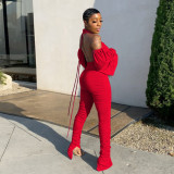 Womens pleated split pile sleeves sexy open back jumpsuit CM778