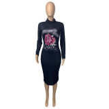 Fashion flower print high neck long sleeve dress ML7368