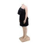 Slanted shoulder pleated plus size dress Womens clothing YFS1294