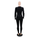 Womens black slim waist jumpsuit YFS8709