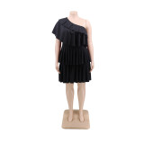 Slanted shoulder pleated plus size dress Womens clothing YFS1294