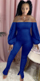 Sexy one-shoulder pleated puff sleeves micro flared pleated pants jumpsuit K8925