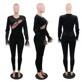 Womens black slim waist jumpsuit YFS8709