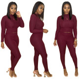 Womens fashion solid color pit strip round neck long sleeve trousers suit TY1873