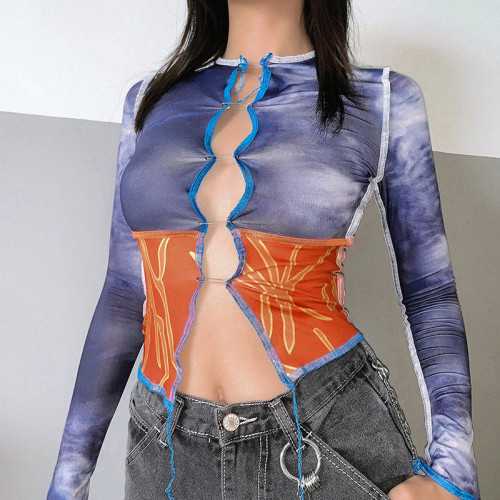 Womens fashion contrast stitching round neck long sleeve slim sexy T-shirt T1738021