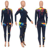 Large size Womens inkjet pocket loose two-piece suit CY8025