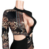 Nightclub wear sexy hollow leopard print asymmetric stitching jumpsuit ALS6297