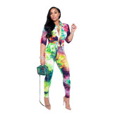 Tie-dye printed long-sleeved trousers ladies casual sports shirt suit KZ168