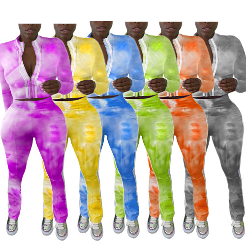 Tie-dye printed high-neck long-sleeved trousers ladies casual sports suit KZ173