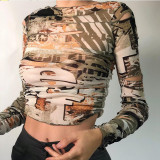 Womens round neck long sleeve fashion printed slim T-shirt T1738550