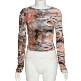 Womens round neck long sleeve fashion printed slim T-shirt T1738550