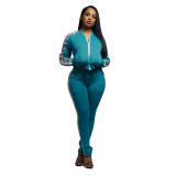 Fashion long-sleeved stitching solid color zipper leisure sports ladies suit KZ165
