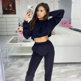 Round neck long sleeves cropped sweater high waist trousers casual suit women K20S08596