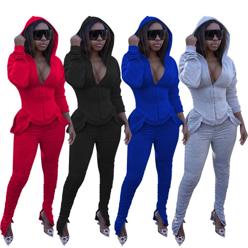 Womens fashion casual solid color pleated sweater suit two-piece W8324