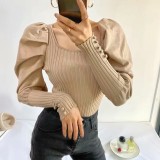 Womens French Palace Retro Knit One Piece Square Neck Puff Sleeve Sweater SS-27012