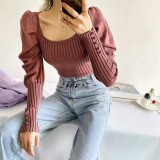 Womens French Palace Retro Knit One Piece Square Neck Puff Sleeve Sweater SS-27012