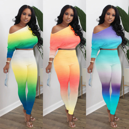 Sexy fashion casual diagonal collar strapless high waist suit gradient color XYM8032