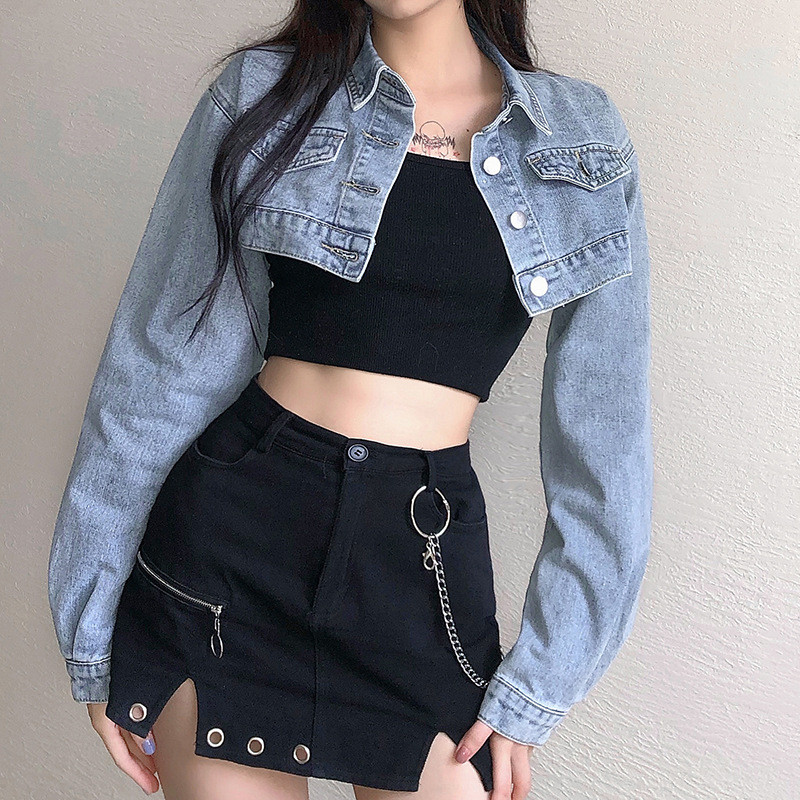 Fashion street style stitching pocket denim ultra short jacket women LQ4850W0G