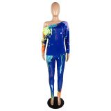 Womens fashion splash ink printing diagonal shoulder casual long sleeve two-piece suit FS3570
