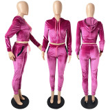 Velvet fabric hooded double pocket long sleeve high quality multicolor two-piece suit MEY128