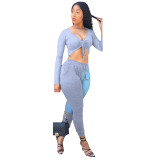 Women Fashion Denim Patchwork Pocket Pants Wrapped Chest Top Casual Suit BLX7205