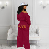 Pure color sweater lips LOVE cuffs knotted wide-leg pants casual suit ZH5273