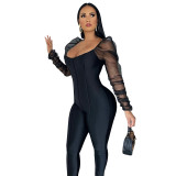 Puff shoulder sleeves mesh pleated stitching jumpsuit Q688