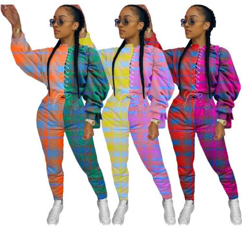 Plaid stitching printing two-piece Womens fashion casual suit H1545