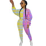 Plaid stitching printing two-piece Womens fashion casual suit H1545