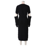 Fashion high slit wool knitted sweater mid-length skirt suit ZSC079