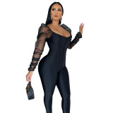 Puff shoulder sleeves mesh pleated stitching jumpsuit Q688