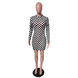 See-through check mesh long sleeve dress MA6622