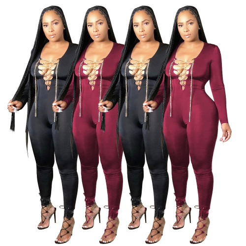 Solid color sexy tie long sleeve jumpsuit MA6617
