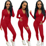 Fashion casual trousers split stitching 5-color long-sleeved jumpsuit ALS215