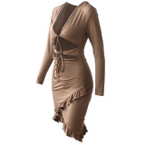 Lace-up dress, deep V hollow ruffled skirt, long sleeve dress ZY1536
