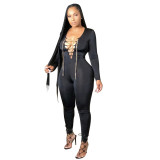 Solid color sexy tie long sleeve jumpsuit MA6617