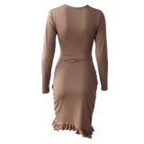 Lace-up dress, deep V hollow ruffled skirt, long sleeve dress ZY1536