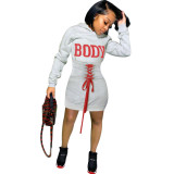 Womens fashion casual hooded tie letters Sweater dress K8929
