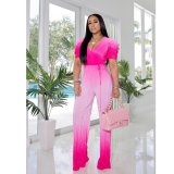 Gradient princess puff sleeve wide-leg jumpsuit with lace-up women CCY8730