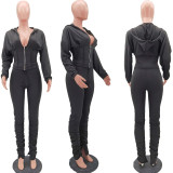 Deep V zipper sexy Womens hooded jacket with ruffle trousers two-piece suit HHM6347