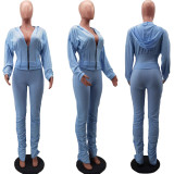 Deep V zipper sexy Womens hooded jacket with ruffle trousers two-piece suit HHM6347